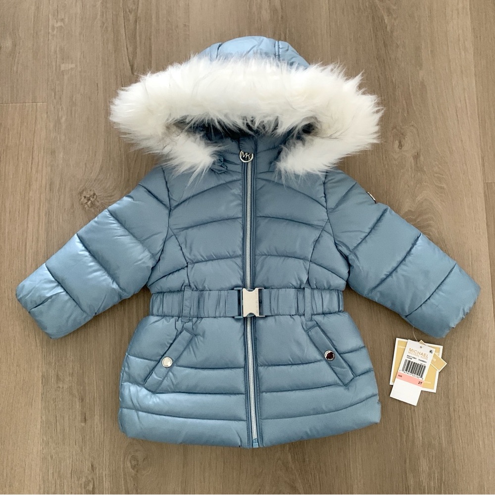 New MICHAEL Michael Kors 2T Toddler Belted Puffer Jacket Hooded Faux Fur Lined